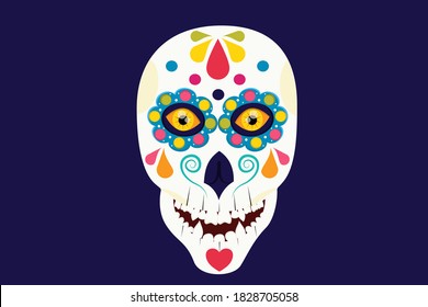 A Mexican skull with beautiful eyes is isolated on a dark background. Vector illustration in flat cartoon style. Skull for the day of death a Mexican holiday.