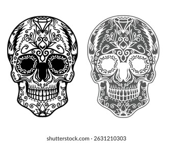 Mexican skull black and white vector design, Isolated on white background