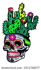 Mexican skull with cacti on top. Bright vector isolated illustration.