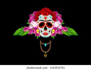 Mexican skull, Calavera with flowers. Decoration for Day of the Dead, Dia de los Muertos. Halloween poster background, greeting card or t-shirt design. Vector skulls isolated or black background 