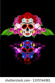 Mexican skull, Calavera with flowers. Decoration for Day of the Dead, Dia de los Muertos. Halloween poster background, greeting card or t-shirt design. Vector skulls isolated on black background 