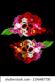 Mexican skull, Calavera with flowers. Decoration for Day of the Dead, Dia de los Muertos. Halloween poster background, greeting card or t-shirt design. Frida style. Vector skulls isolated on black 