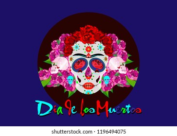 Mexican skull, Calavera with flowers. Decoration for Day of the Dead, Dia de los Muertos. Halloween poster background, greeting card or t-shirt design. Vector skulls diadem isolated on blue background