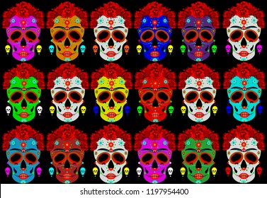 Mexican skull, Calavera with flowers. Decoration for Day of the Dead, Dia de los Muertos. Halloween poster background, greeting card or t-shirt design. Frida style. Set vector skulls black background 