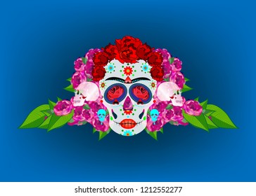 Mexican skull, Calavera with flowers. Decoration for Day of the Dead, Dia de los Muertos. Halloween poster background, greeting card or t-shirt design. Vector skulls isolated 