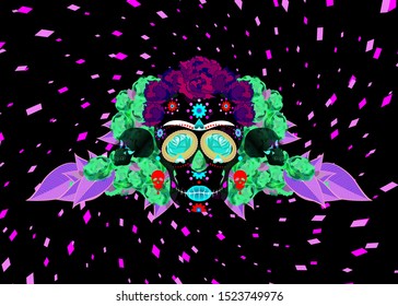 Mexican skull, Calavera with flowers. Decoration for Day of the Dead, Dia de los Muertos celebration. Halloween poster background, greeting card or t-shirt design. Vector skulls dark background  