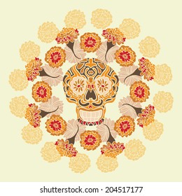 Mexican skull - calavera, surrounded by a circle of marigold flowers. 