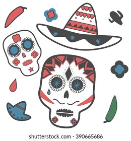  Mexican skull with chilli peppers and cactus and hat