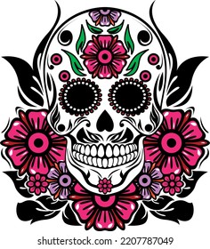 Mexican Skull with Colorful Details and Flowers 2