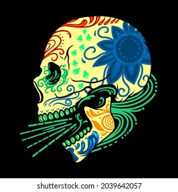 Mexican skull with colorful floral illustration for clothing, mascot, tattoo, sticker, deck. Culture and ethnic symbolism. Vector graphic eps 10