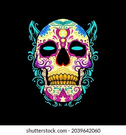 Mexican skull with colorful floral illustration for clothing, mascot, tattoo, sticker, deck. Culture and ethnic symbolism. Vector graphic eps 10