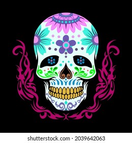 Mexican skull with colorful floral illustration for clothing, mascot, tattoo, sticker, deck. Culture and ethnic symbolism. Vector graphic eps 10
