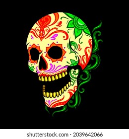 Mexican skull with colorful floral illustration for clothing, mascot, tattoo, sticker, deck. Culture and ethnic symbolism. Vector graphic eps 10