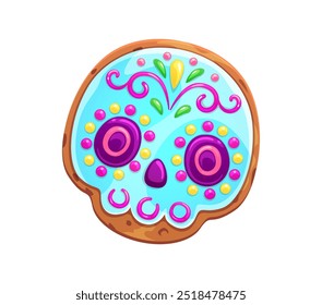 Galleta de calavera mexicana o pastel para el Día de Muertos y Día de Los Muertos, Vector de dibujos animados. Calavera mexicana galleta de calavera de azúcar con adorno floral de caramelo para postre de pastelería en el Día de Muertos