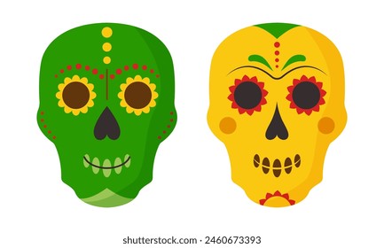 Mexican skull, cute dead head, cartoon male skeleton. Catrina party traditional carnival. Latin holiday set isolated on white background. Spanish celebration vector illustration