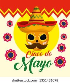 mexican skull decoration wearing hat with flowers