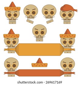 mexican skull decorations isolated on white, with banners for text