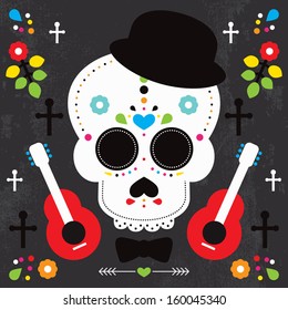 Mexican skull  dia de los muertos illustration postcard cover design background in vector