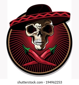 Mexican skull emblem or icon with a ghoulish bony skull wearing a sombrero above two crossed red hot chili peppers on a circular frame with radiating red rays, vector illustration