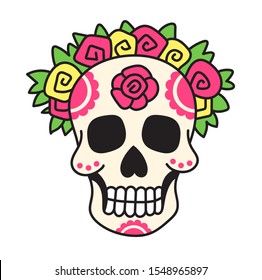 Mexican skull in flower wreath. Cartoon vector illustration for pin, sticker, patch, badge.
