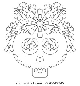 Mexican skull with flowers coloring page