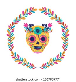 Mexican skull with flowers crown design, Mexico culture tourism landmark latin and party theme Vector illustration