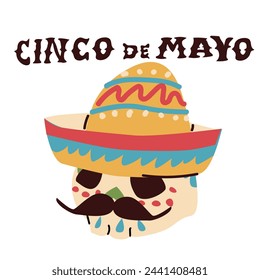 mexican skull with folk ornament in sombrero hat, isolated icon. Vector illustration can used for cinco de mayo banner, greeting card, label. 