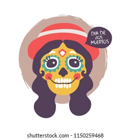 Mexican skull girl. Dia de los muertos. Vector cartoon illustration. Isolated.