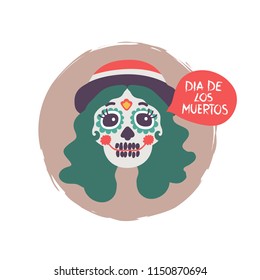 Mexican skull girl. Dia de los muertos. Mexican day of the dead. Vector cartoon illustration. Isolated.