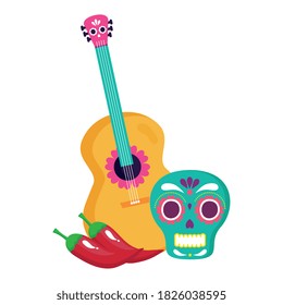 mexican skull with guitar and chili peppers, on white background vector illustration design