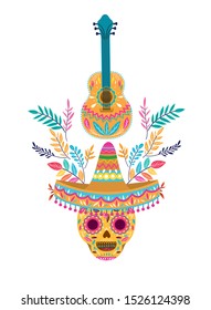 mexican skull with guitar icon vector illustration design