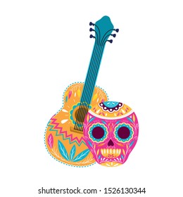 mexican skull with guitar icon vector illustration design