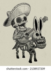 mexican skull hand draw mariachi in a donkey