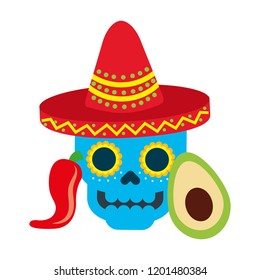 mexican skull with hat avocado and chili pepper