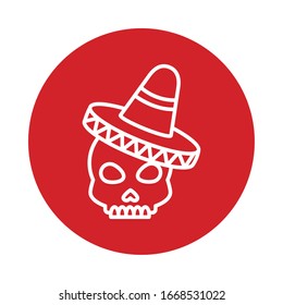Mexican skull with hat block style icon design, Mexico culture tourism landmark latin and party theme Vector illustration