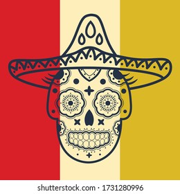 Mexican skull with a hat, bright illustration