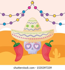 mexican skull with hat and desert in the background vector illustration design