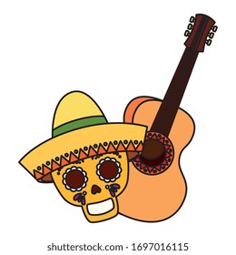 Mexican skull with hat and guitar design, Mexico culture tourism landmark latin and party theme Vector illustration