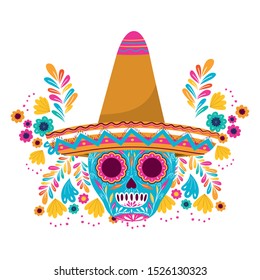 mexican skull with hat isolated icon vector illustration design