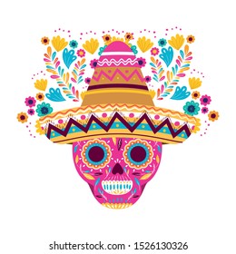 mexican skull with hat isolated icon vector illustration design