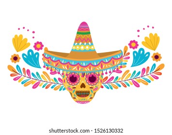 mexican skull with hat isolated icon vector illustration design