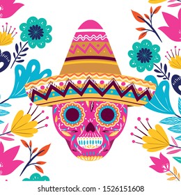 mexican skull with hat isolated icon vector illustration design