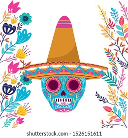 mexican skull with hat isolated icon vector illustration design