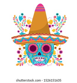 mexican skull with hat isolated icon vector illustration design