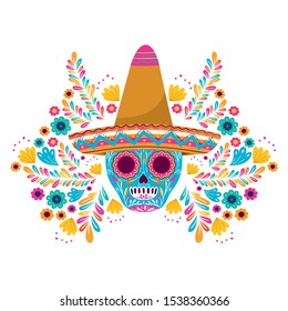 mexican skull with hat isolated icon vector illustration design