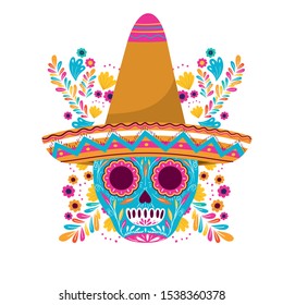 mexican skull with hat isolated icon vector illustration design