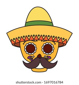Mexican skull with hat and mustache design, Mexico culture tourism landmark latin and party theme Vector illustration