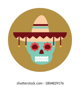mexican skull with hat traditional decoration block and flat icon vector illustration