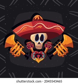 Mexican skull with hat and trumpets on black background