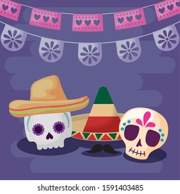 Mexican skull and hats with banner pennant design, Mexico culture tourism landmark latin and party theme Vector illustration